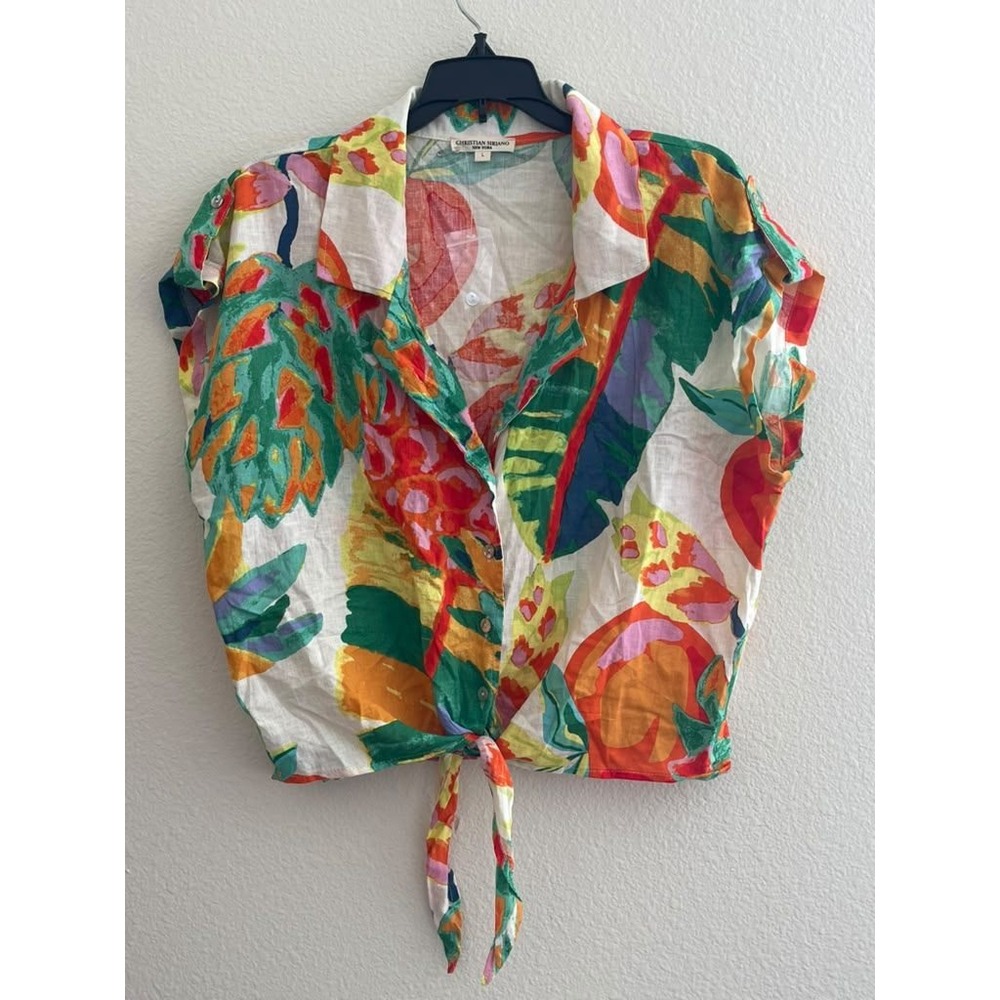 Christian Siriano New York Tropical Fruit Floral Linen Blend Front Tie Top L